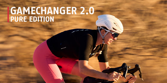 GameChanger 2.0 Pure banner with rider wearing black and pink cycling kit.