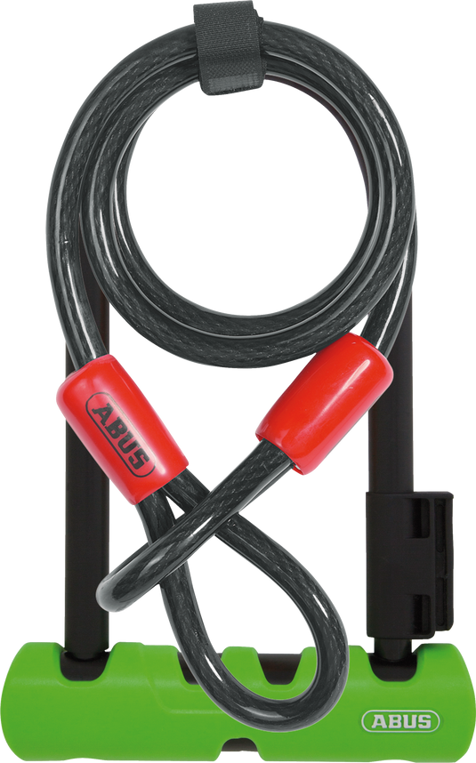 green ABUS Ultra 410 mini long shackle u-lock with cobra cable