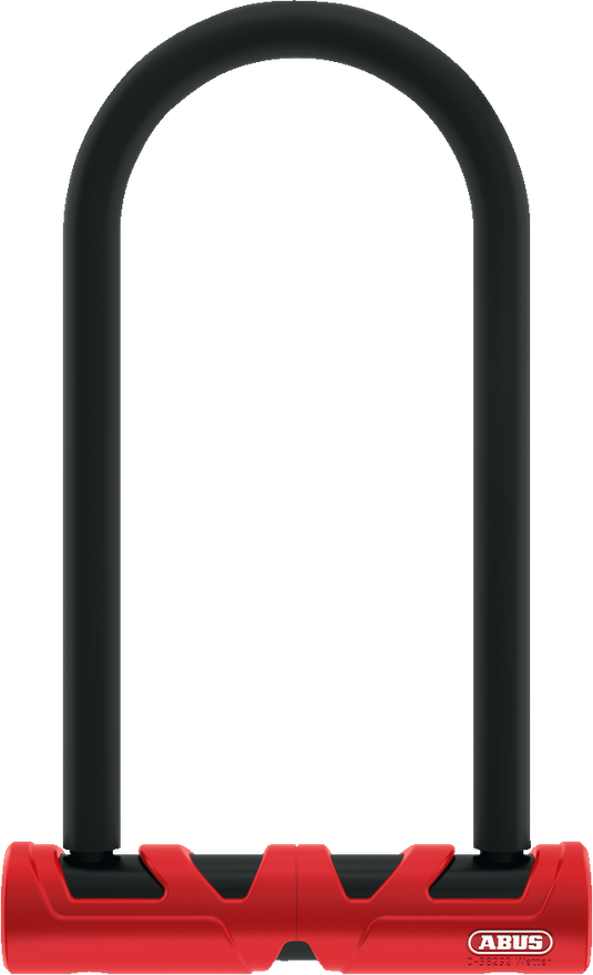 Black U-shaped lock with red base on a white background