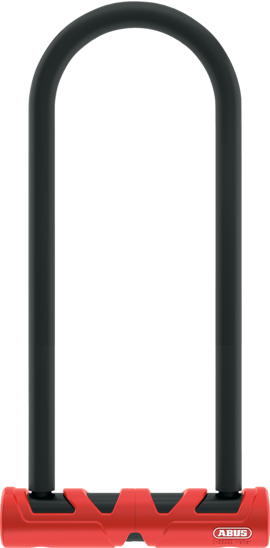 Black U-shaped lock with red base on a white background