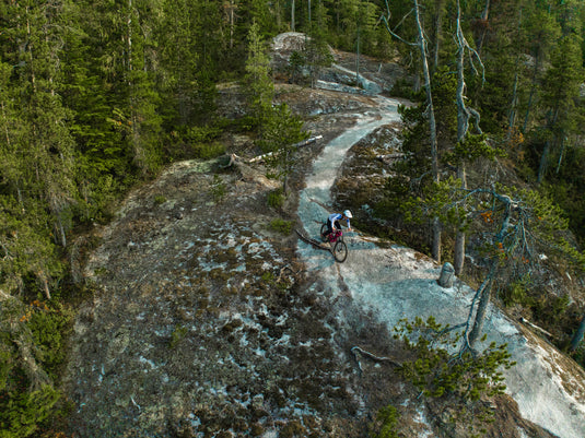 cyclist in mountains descending trail wearing MoDrop MIPS helmet