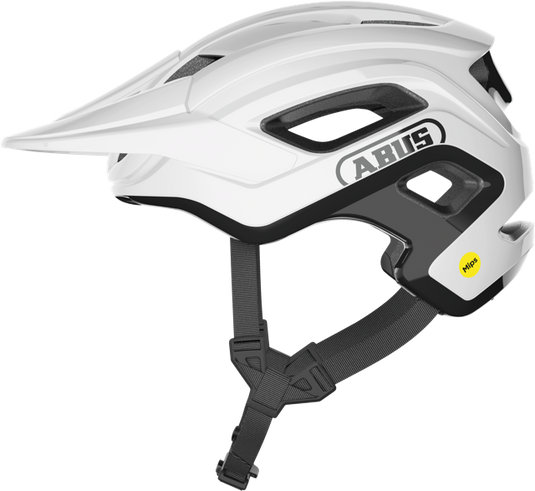 side view of shiny white ABUS CliffHanger MIPS Helmet