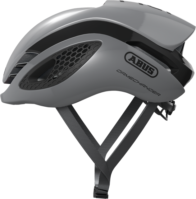 side view of race grey ABUS GameChanger helmet 