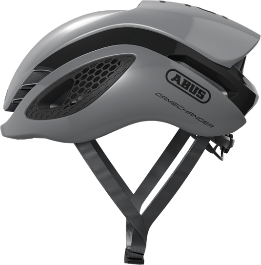 side view of race grey ABUS GameChanger helmet 