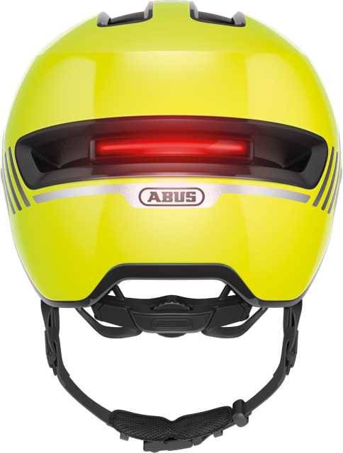 rear view of signal yellow HUD-Y helmet with light on