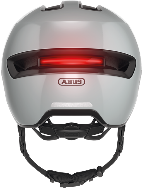 Load image into Gallery viewer, rear view of race grey ABUS HUD-y helmet with light on #color_race grey
