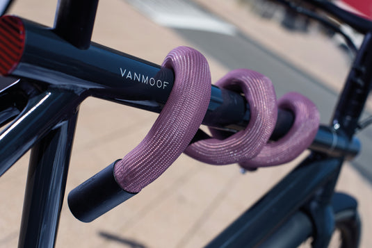 Mauve ABUS Goose Lock wrapped around toptube of bicycle