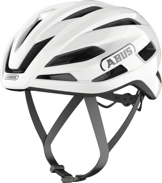 quarter view of shiny white ABUS StormChaser helmet 