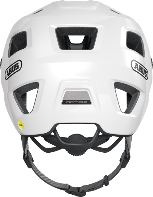 rear view of shiny white ABUS MoTrip MIPS helmet