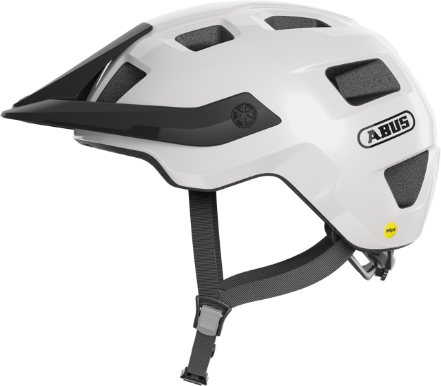side view of shiny white ABUS MoTrip MIPS helmet 
