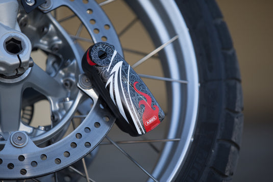Detecto RS1 in flame black on front rotor of motorcycle